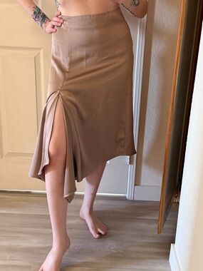 Zara Beige Asymmetrical Satin Midi Skirt with Front Slit